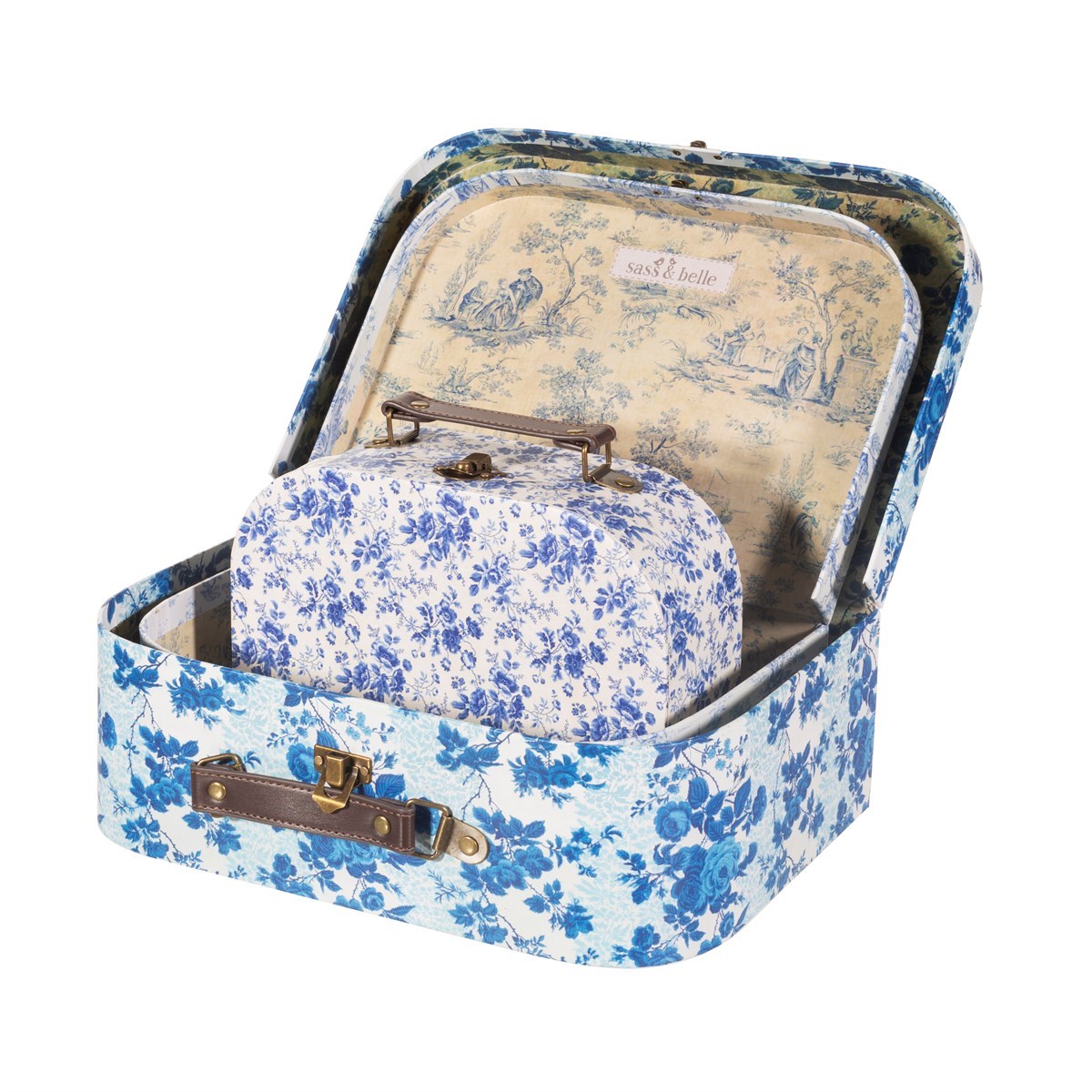 Sass & Belle, storage boxes Blue and white floral, set of 3 