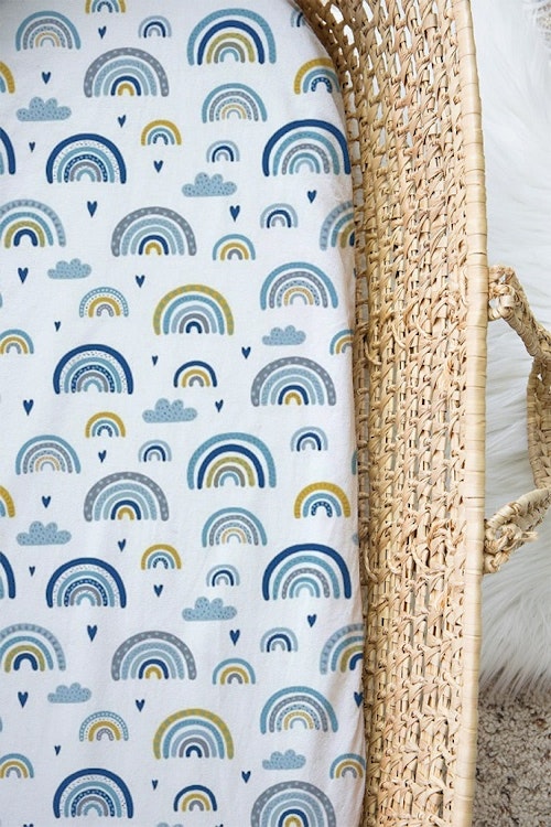Fitted sheets for pram / cradle, Happy blue rainbow