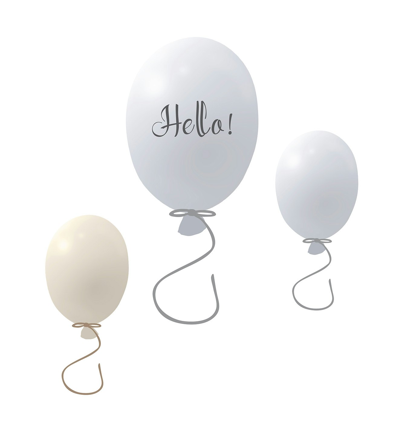 Väggklistermärke partyballonger 3-pack, grey Väggklistermärke bestående av en stor grå ballong med texten Hello och två mindre ballonger
