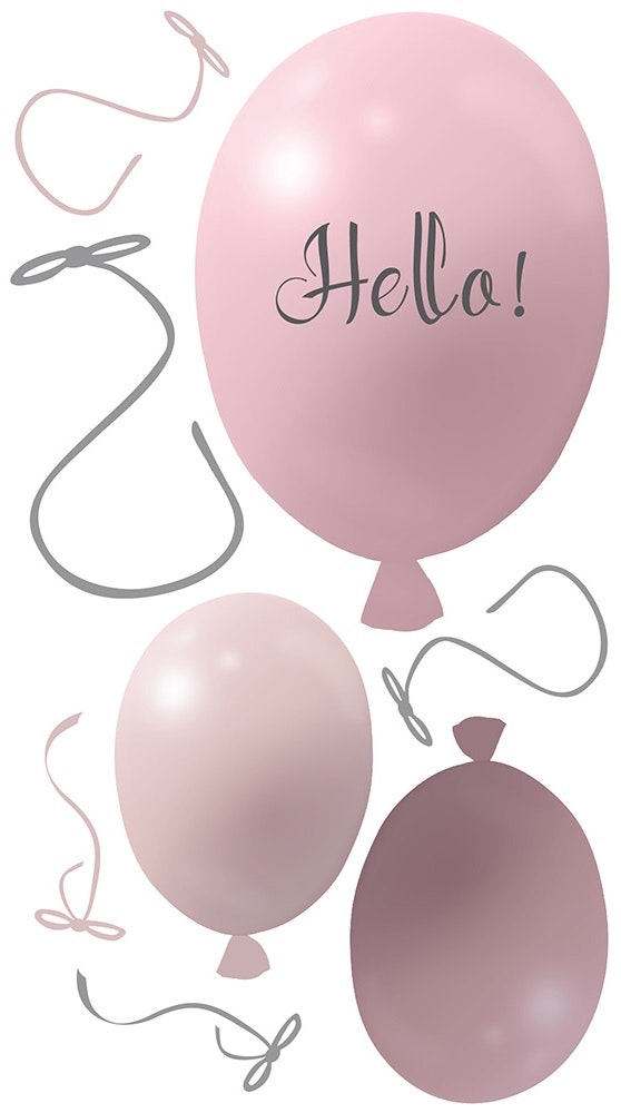 Väggklistermärke partyballonger 3-pack, rose Väggklistermärke bestående av en stor rosa ballong med texten Hello och två mindre ballonger