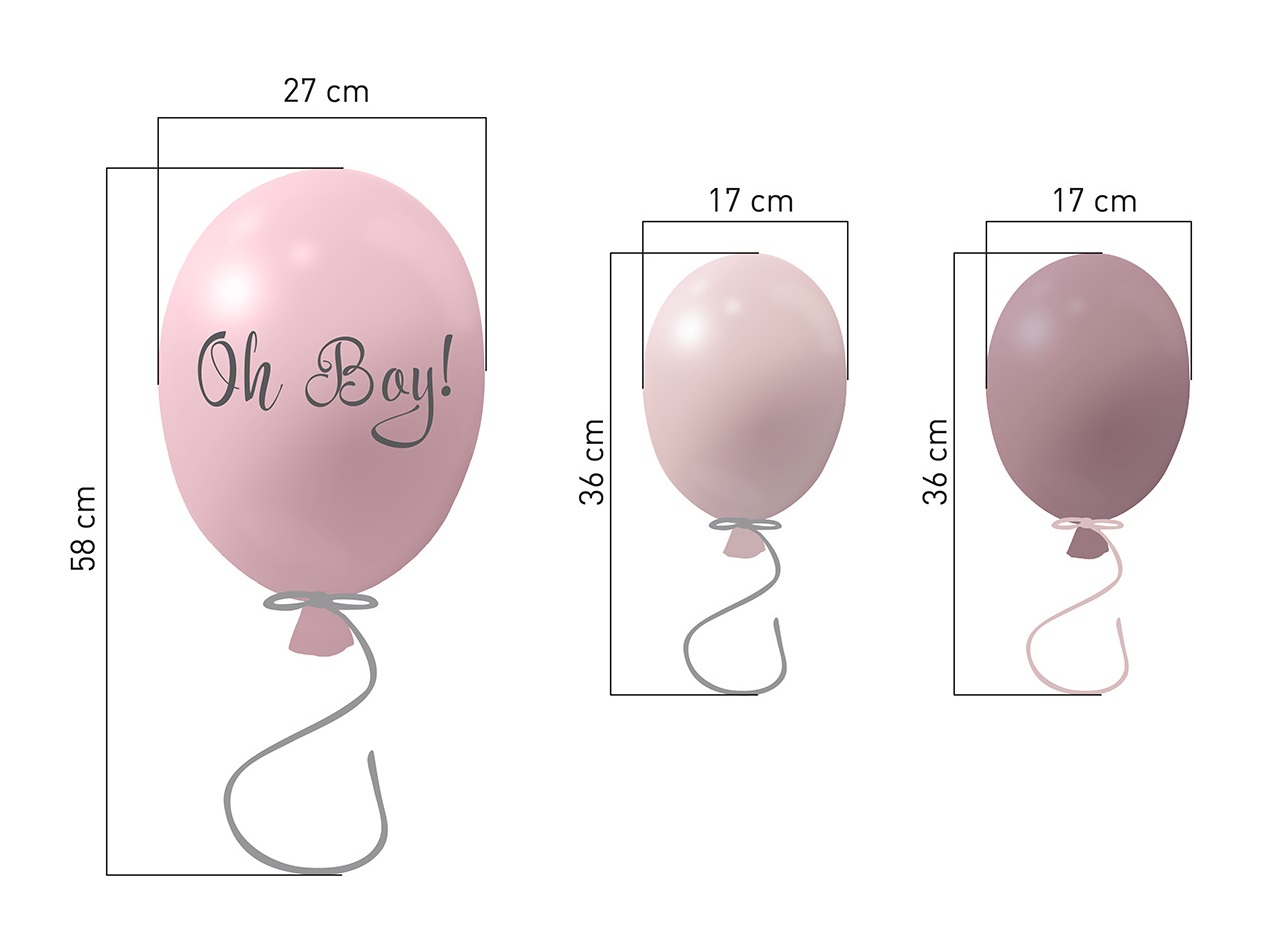Väggklistermärke partyballonger 3-pack, rose Mått på de olika ballongerna