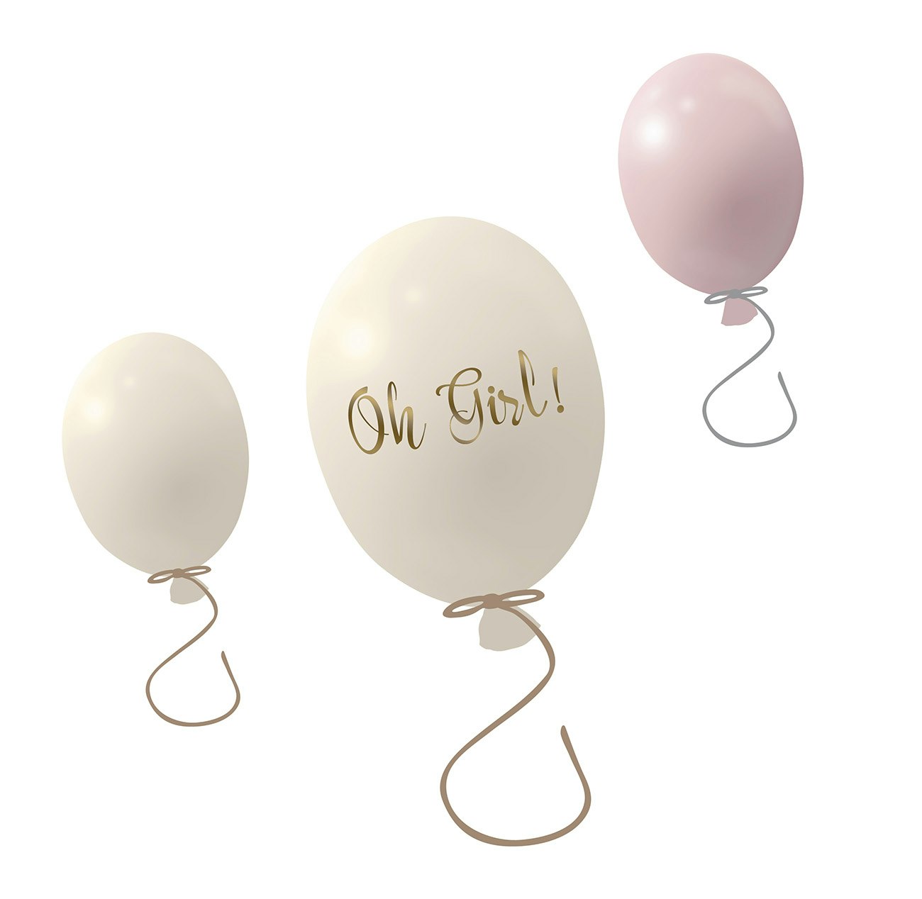 Väggklistermärke partyballonger 3-pack, rose cream Väggklistermärke bestående av en stor ballong med texten Oh girl och två mindre ballonger