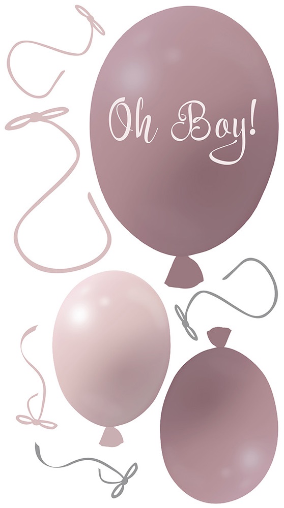 Väggklistermärke partyballonger 3-pack, dusty pink Väggklistermärke bestående av en stor rosa ballong med texten Oh boy och två mindre ballonger