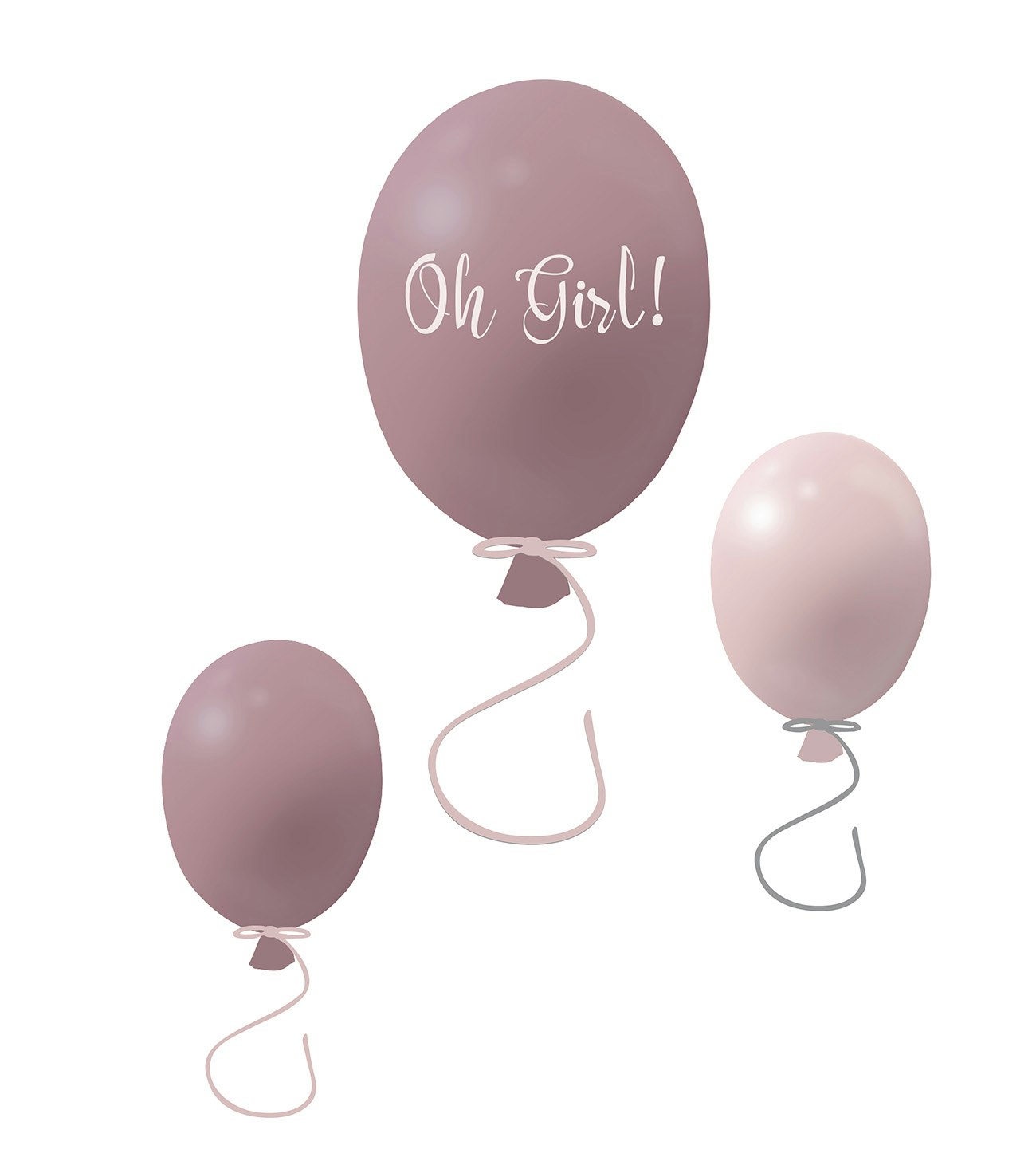 Väggklistermärke partyballonger 3-pack, dusty pink Väggklistermärke bestående av en stor rosa ballong med texten Oh girl och två mindre ballonger