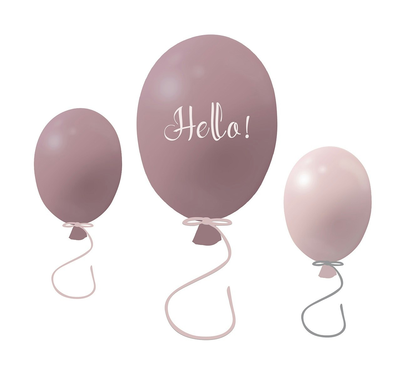Väggklistermärke partyballonger 3-pack, dusty pink Väggklistermärke bestående av en stor rosa ballong med texten Hello och två mindre ballonger