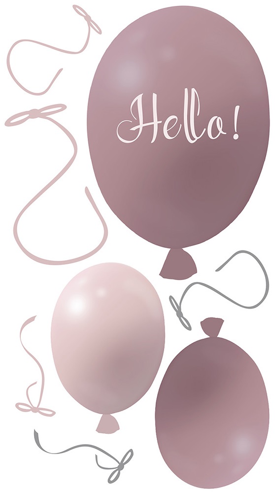 Väggklistermärke partyballonger 3-pack, dusty pink Väggklistermärke bestående av en stor rosa ballong med texten Hello och två mindre ballonger