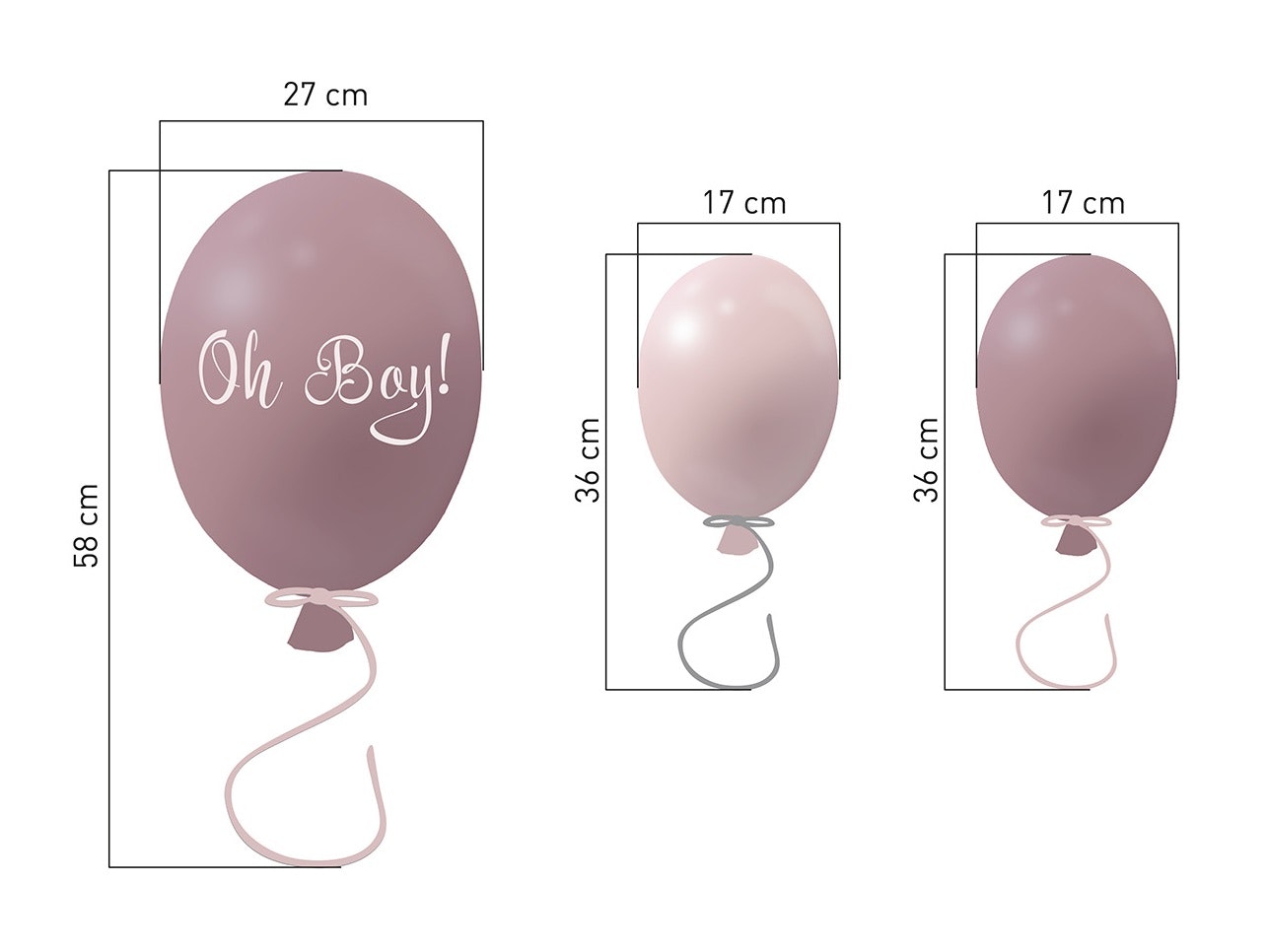 Väggklistermärke partyballonger 3-pack, dusty pink Mått på ballonger