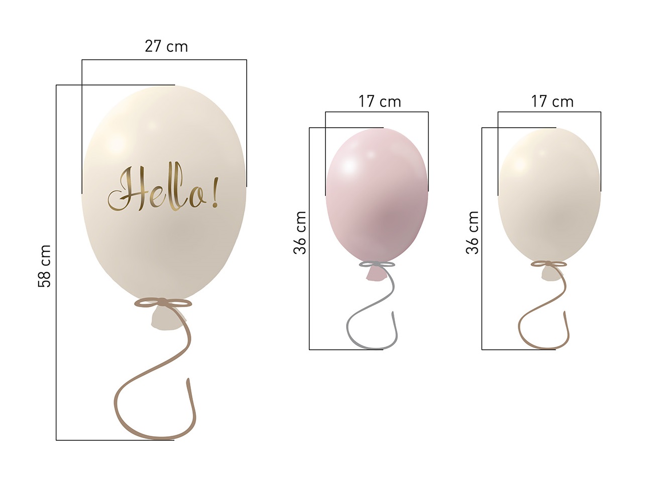 Väggklistermärke partyballonger 3-pack, rose cream Mått på klistermärke