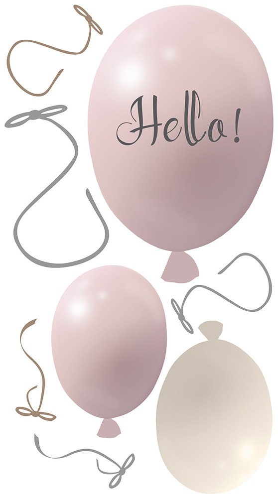 Väggklistermärke partyballonger 3-pack, powder rose Väggklistermärke bestående av en stor rosa ballong med texten Hello och två mindre ballonger