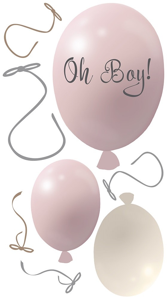 Väggklistermärke partyballonger 3-pack, powder rose Väggklistermärke bestående av en stor rosa ballong med texten Oh boy och två mindre ballonger