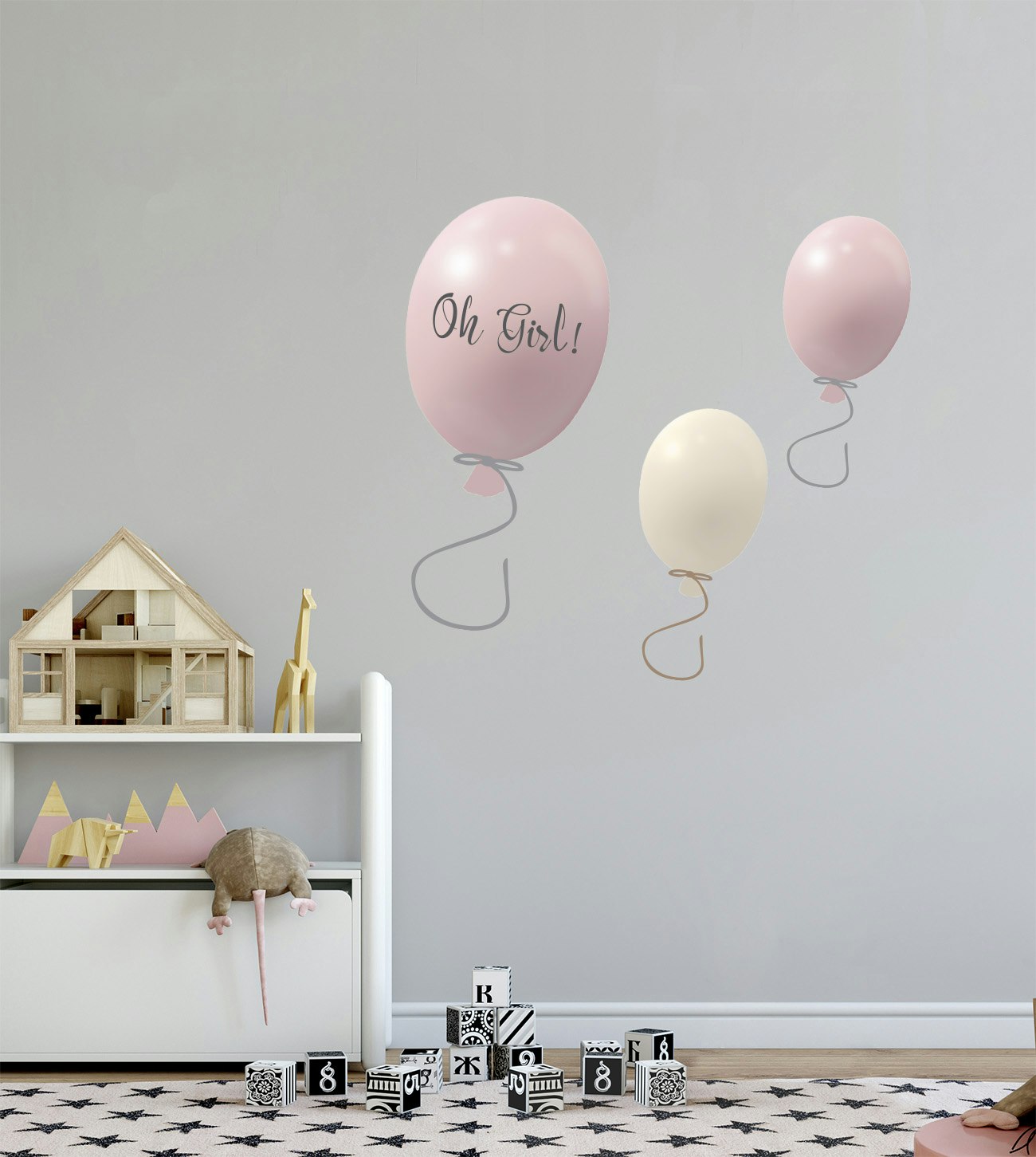 Väggklistermärke partyballonger 3-pack, powder rose Ballongerna Oh girl uppsatta på en vägg i ett barnum