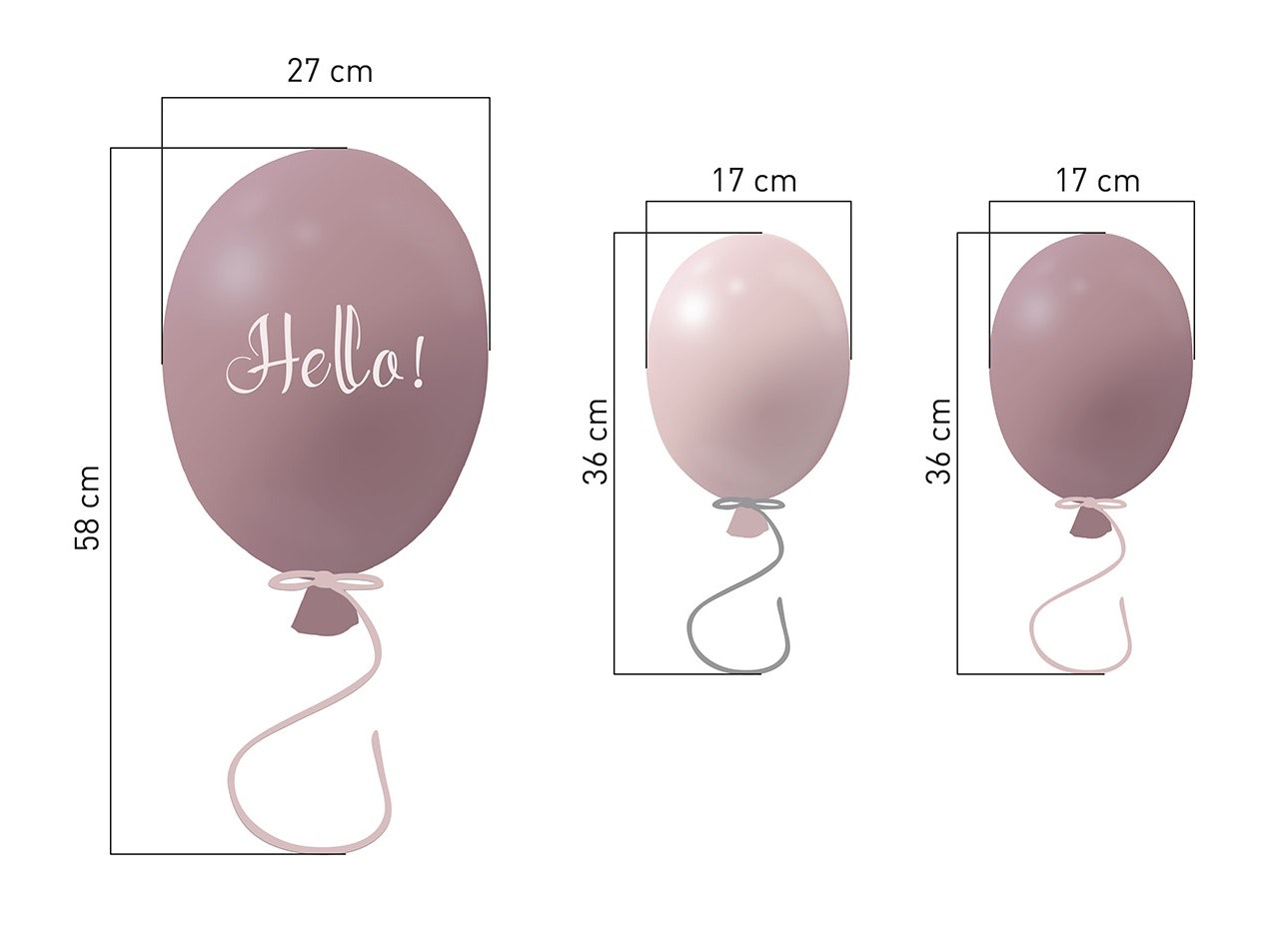 Väggklistermärke partyballonger Hello 3-pack, dusty pink - defekt 