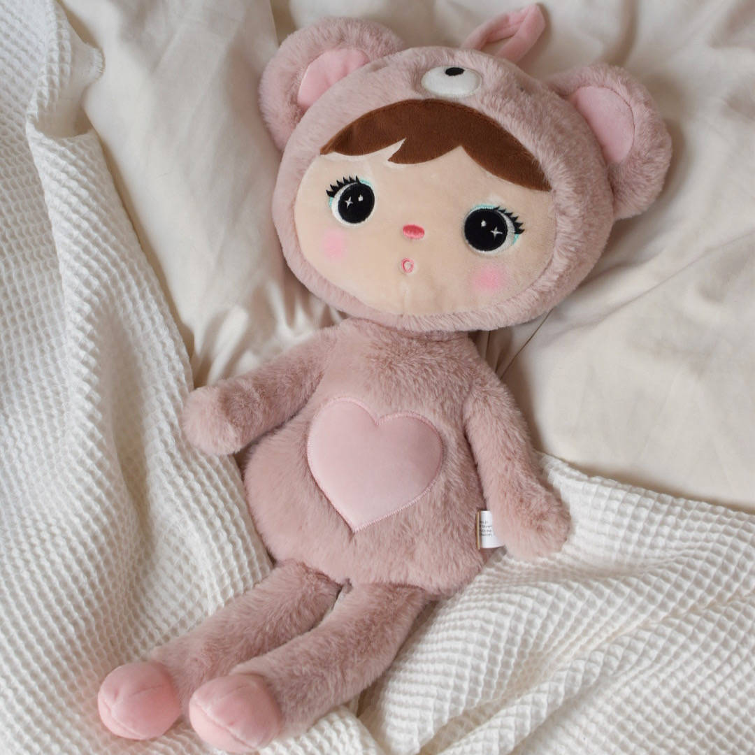 Rosa teddybjörn, stor docka med namn 