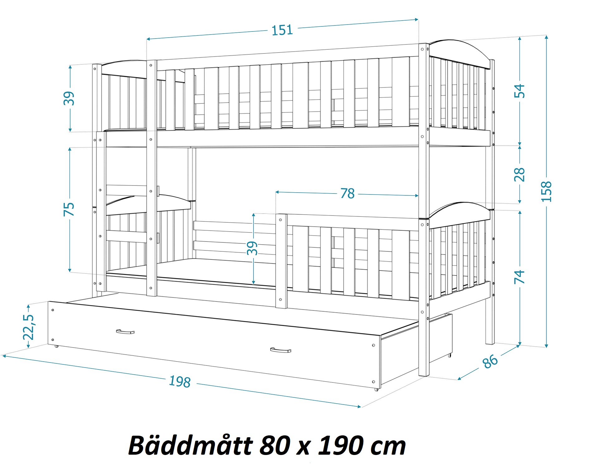 Våningssäng med 3 sängar, Uno Bäddmått 80x190cm