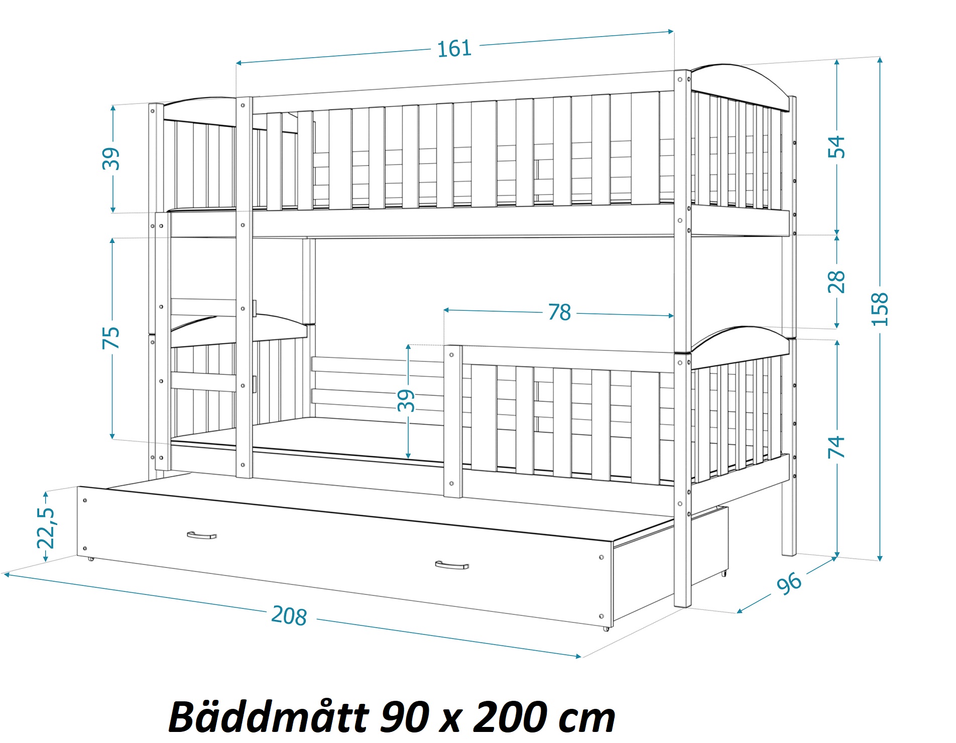Våningssäng med 3 sängar, Uno Bäddmått 90x200cm