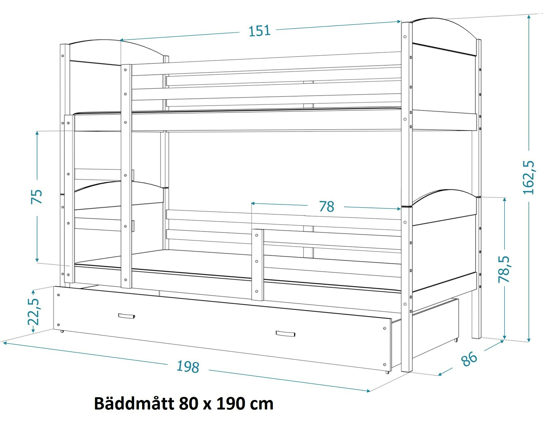 Våningssäng med 3 sängar, Felix Bäddmått 80x190cm