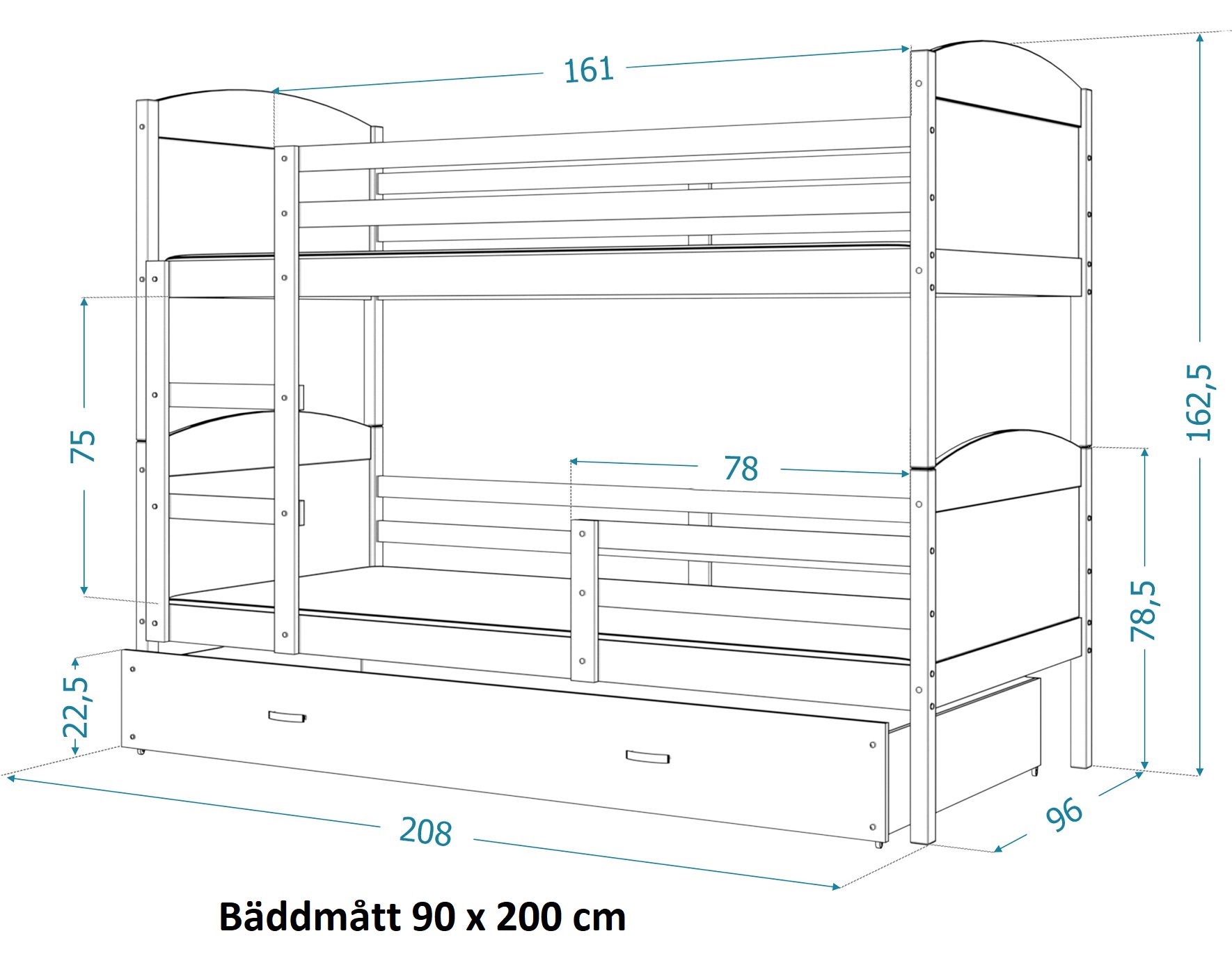 Våningssäng med 3 sängar, Felix Bäddmått 90x200cm