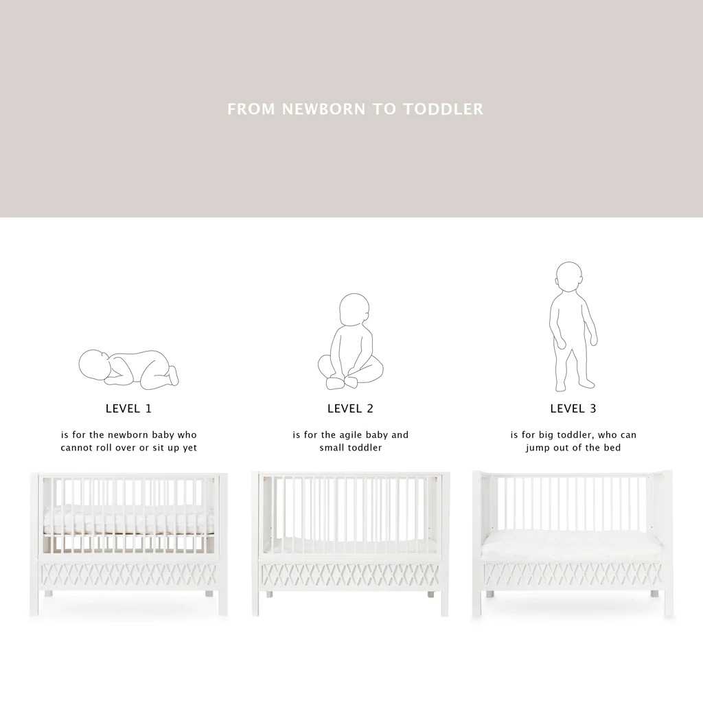 Cam Cam, Harlequin spjälsäng, vit Spjälsäng för bebisar till småbarn