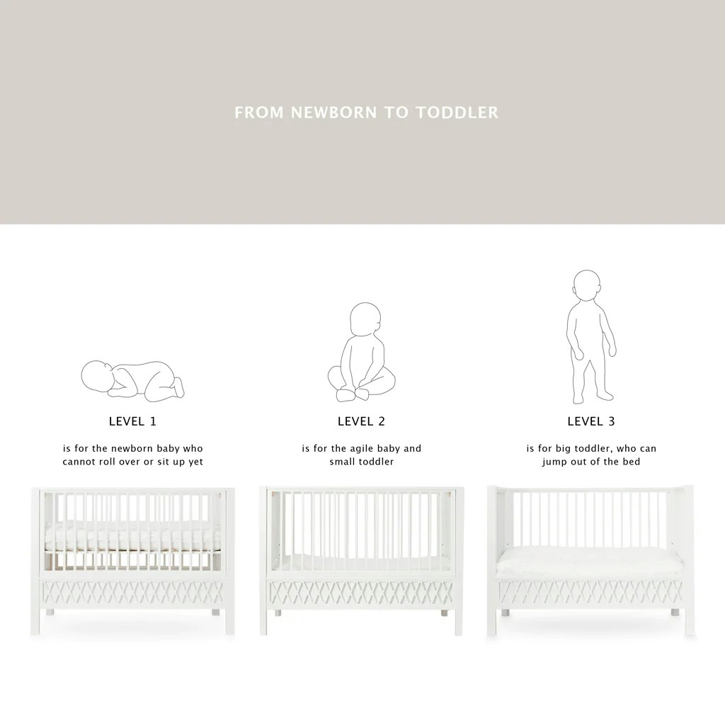 Cam Cam, Harlequin spjälsäng, vit Spjälsäng för bebisar till småbarn
