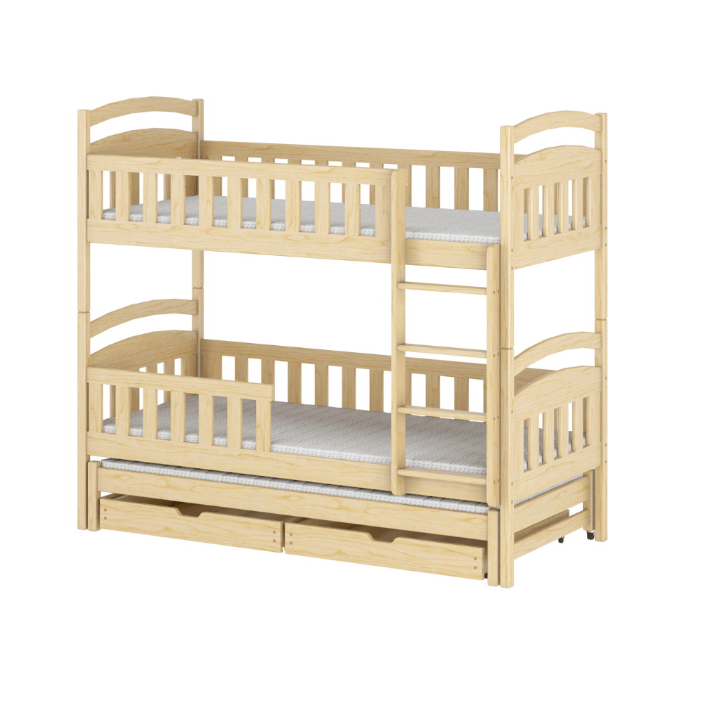 Våningssäng med stödbräda och tre sängar Arthur Natur våningssäng med tre sängar och förvaringslådor till barnrummet
