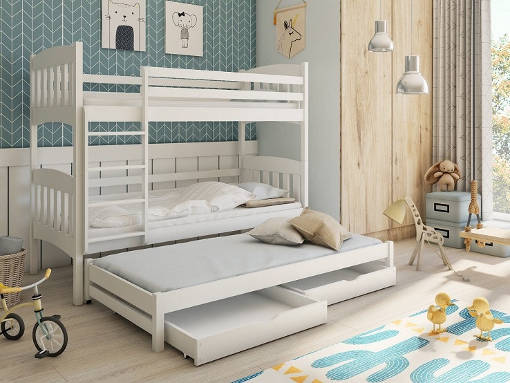Våningssäng med tre sängar Anna Vit barnsäng med utdragbar säng och förvaringslådor till barnrummet