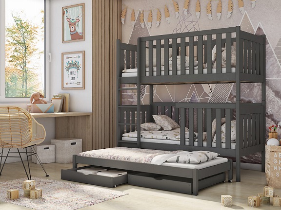 Våningssäng med stödbräda och tre sängar Ebba Antracit våningssäng med tre sängar och förvaringslådor till barnrummet