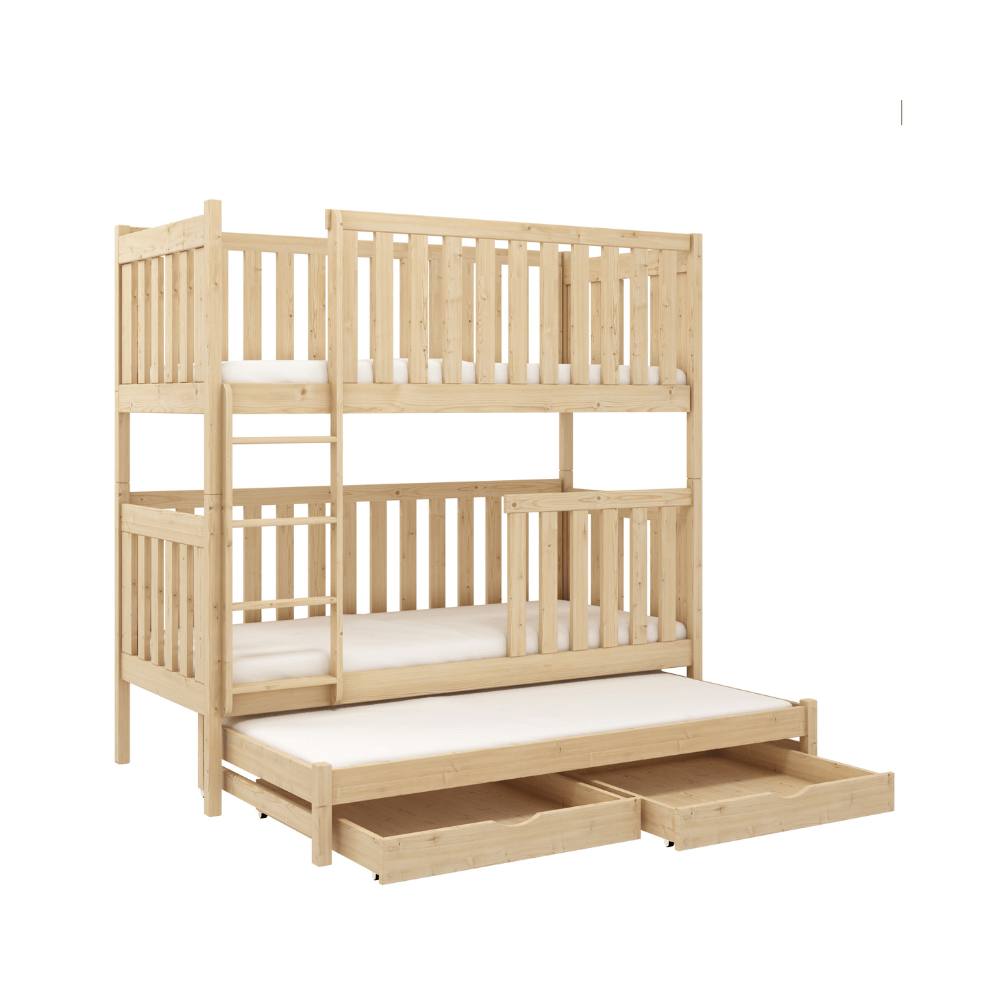Våningssäng med stödbräda och tre sängar Ebba Natur våningssäng med tre sängar och förvaringslådor till barnrummet