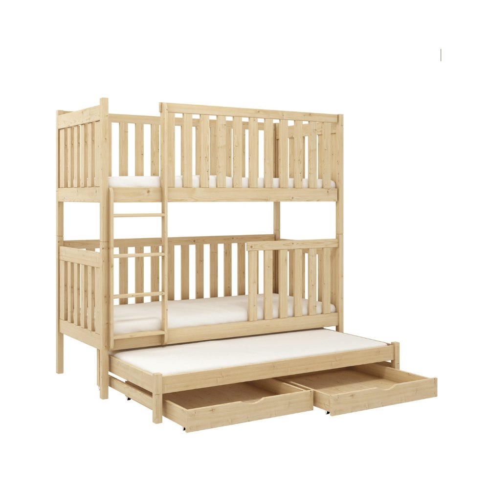 Våningssäng med stödbräda och tre sängar Ebba Natur våningssäng med tre sängar och förvaringslådor till barnrummet