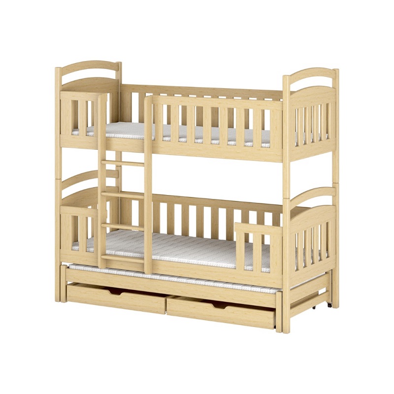 Våningssäng med stödbräda och tre sängar Liam Natur våningssäng med tre sängar och förvaringslådor till barnrummet