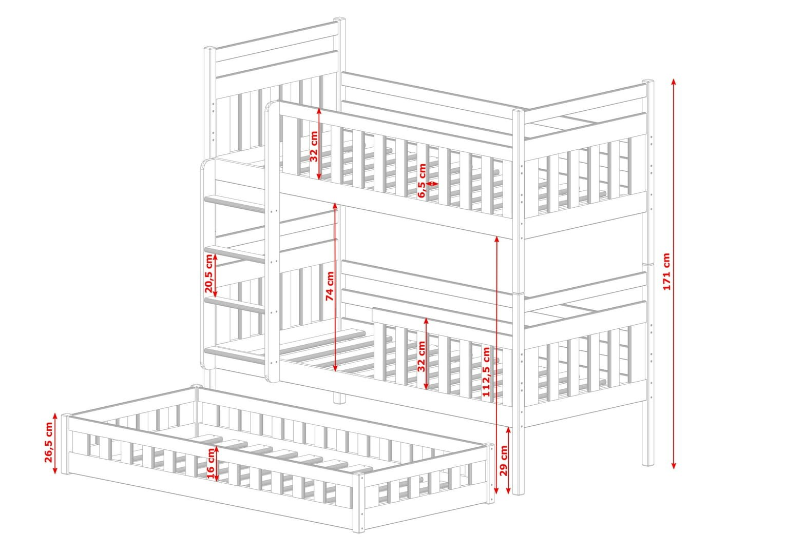 Bunk bed with barrier and three beds Odette Bunk bed with barrier and three beds Odette