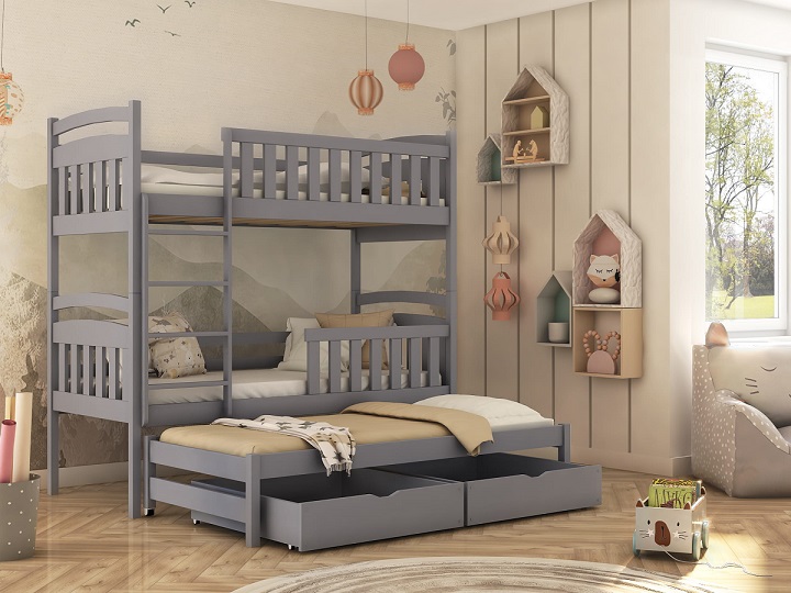 Våningssäng med tre sängar, Vendela Grå barnsäng med stödbräda och förvaringslådor till barnrummet