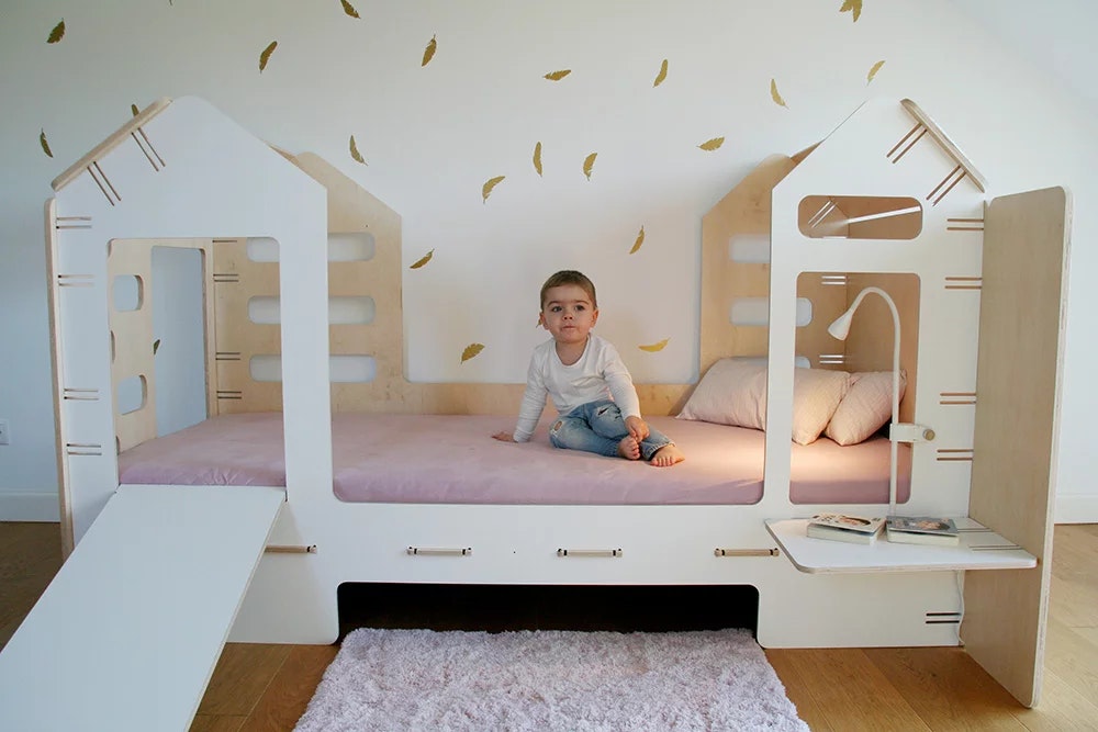 House bed with bedside table and slide, More than a bed 