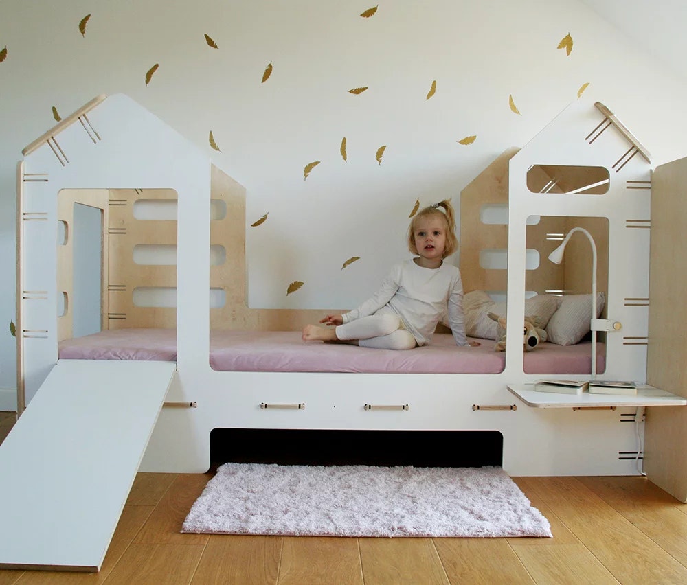 House bed with bedside table and slide, More than a bed 