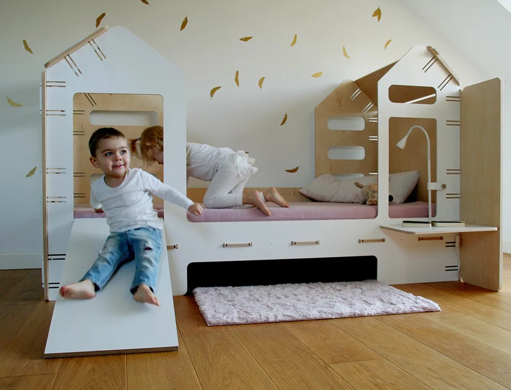 House bed with bedside table and slide, More than a bed 
