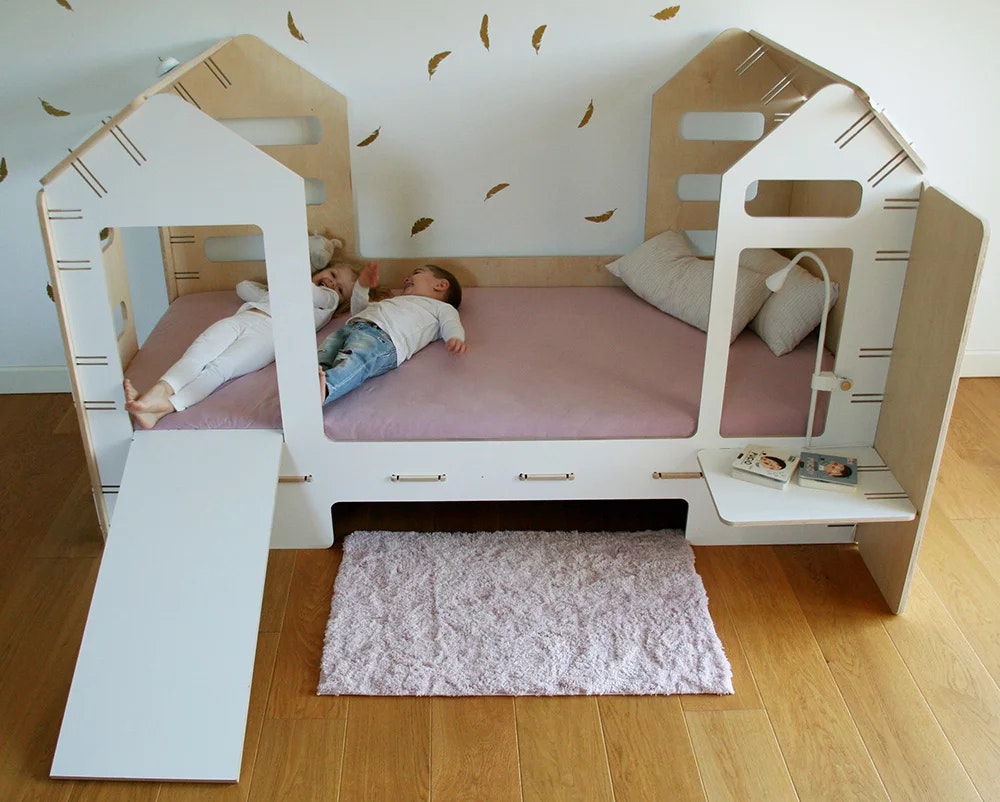 House bed with bedside table and slide, More than a bed 