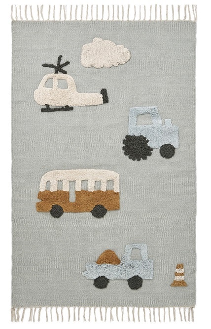 Liewood, Bent wool carpet with fringes, Vehicles dove blue mix 