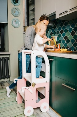Byggbar kökspall bil, rosa/vit