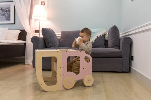 Buildable kitchen helper car, pink/natural