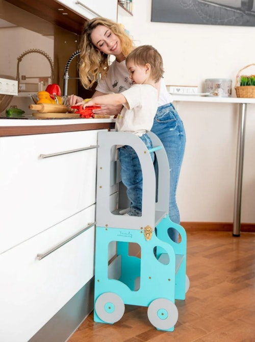 Buildable kitchen helper car, blue/grey