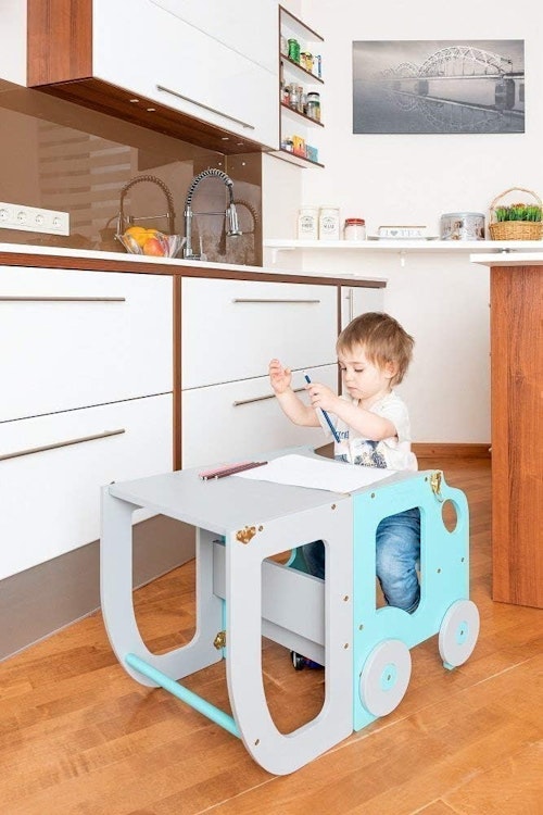 Buildable kitchen helper car, blue/grey