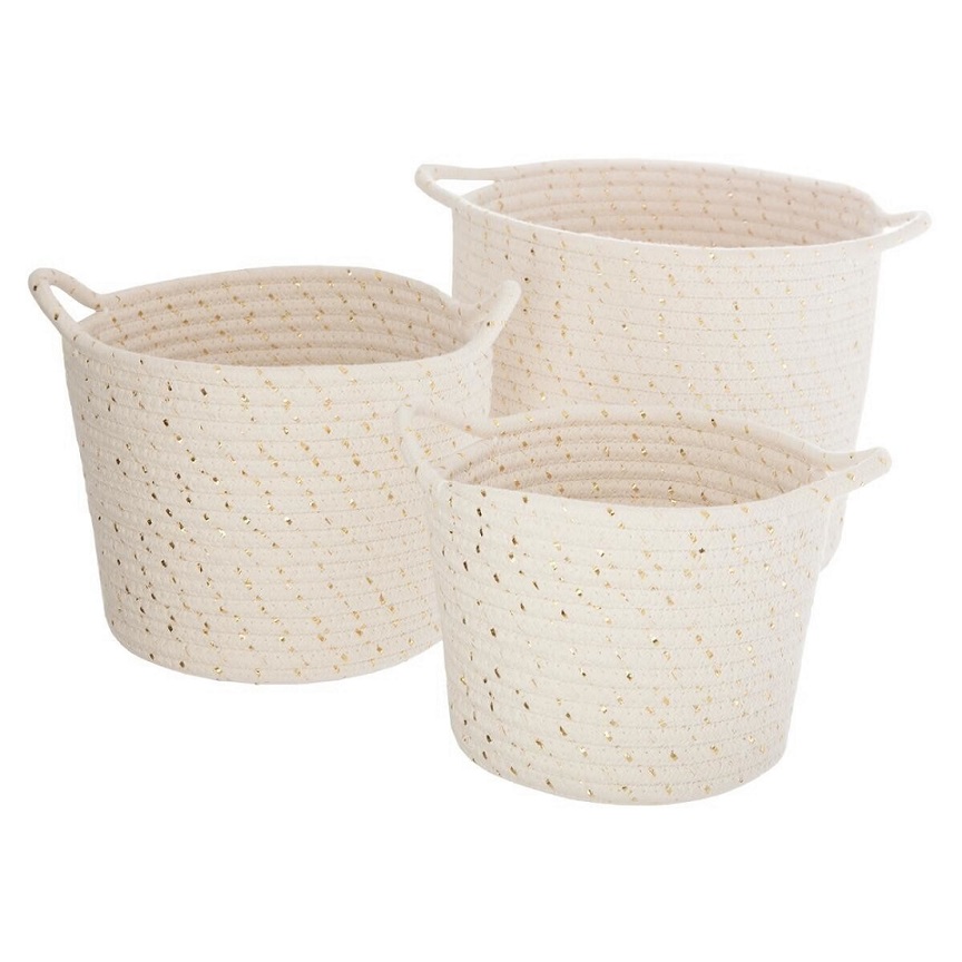 Braided storage basket with handle set of 3, white 