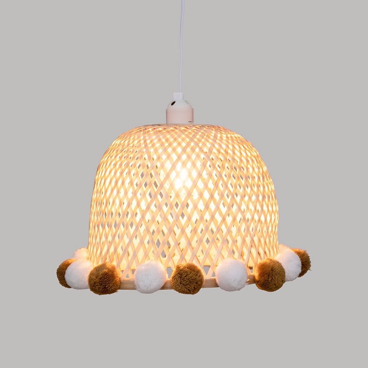 Bamboo ceiling lamp with pompoms 