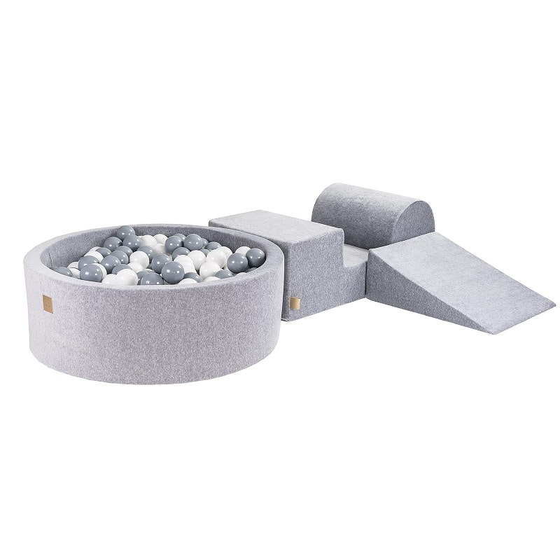 Meow, Grey buildable velvet playground with ball pit, 200 balls 