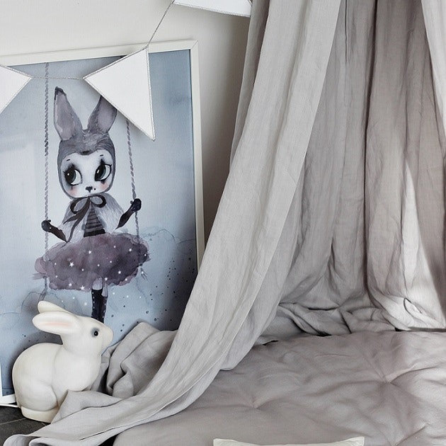 Grey linen bed canopy for children's room with LED lights, Cotton&Sweets 