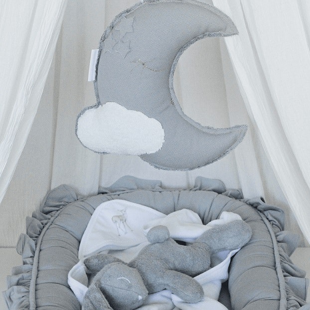 Cotton & Sweets, sängmobil väggdekoration grå måne 