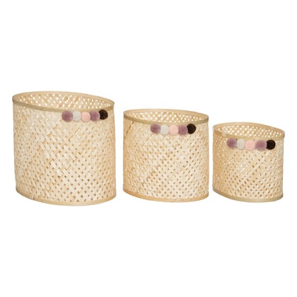 Storage basket with pompom bamboo, set of 3