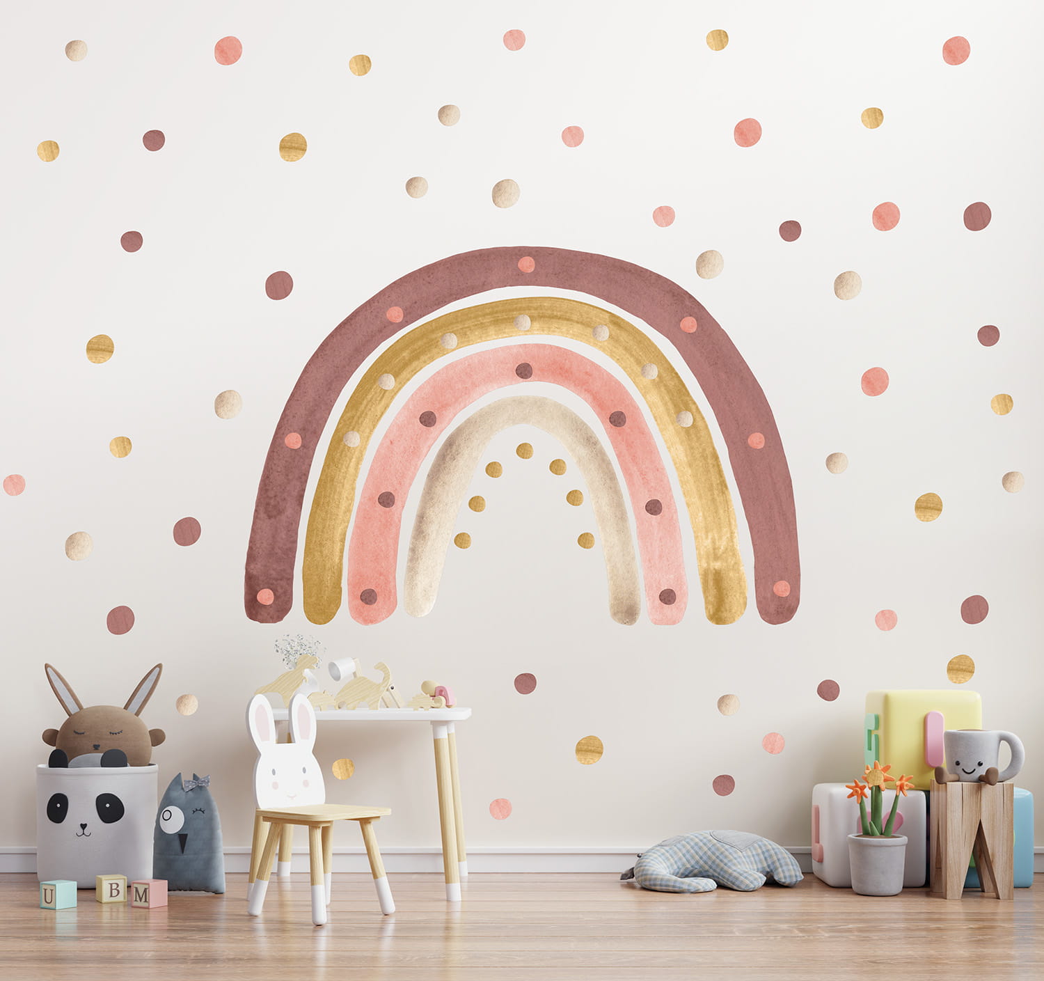 Babylove, väggklistermärke regnbåge med prickar, dusty pink Dusty pink regnbåge med prickar på väggen i ett barnrum