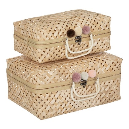 Bamboo storage boxes with pompom, set of 2