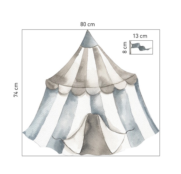 Babylove, väggklistermärke Cirkustält dusty blue Mått på klistermärket cirkustält med flagga i storlek M