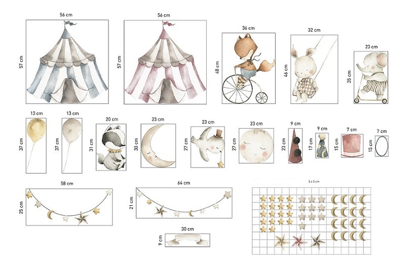 Babylove, väggklistermärke Cirkus Mått på klistermärken